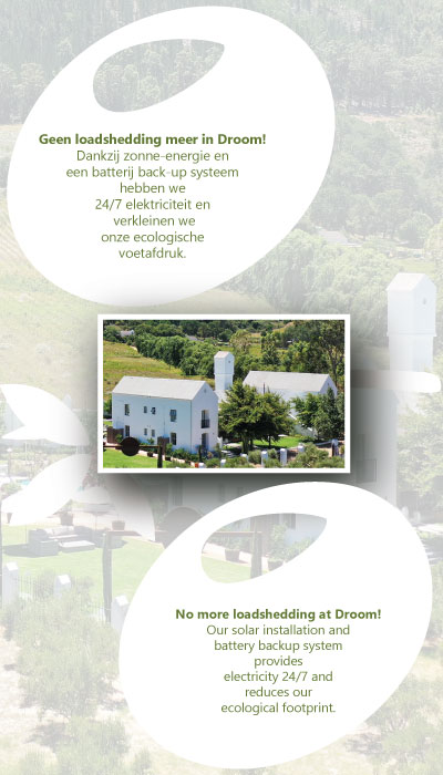 Geen loadshedding meer in Droom! Dankzij zonne-energie en een batterij back-up systeem hebben we 24/7 elektriciteit en verkleinen we onze ecologische voetafdruk.